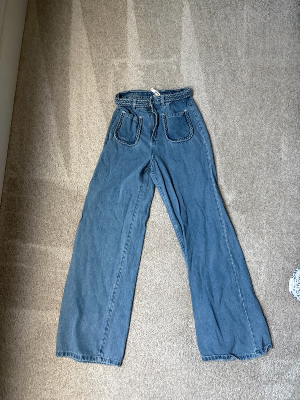bohme Blue High-Rise Wide Leg Jeans with Braided Waistband